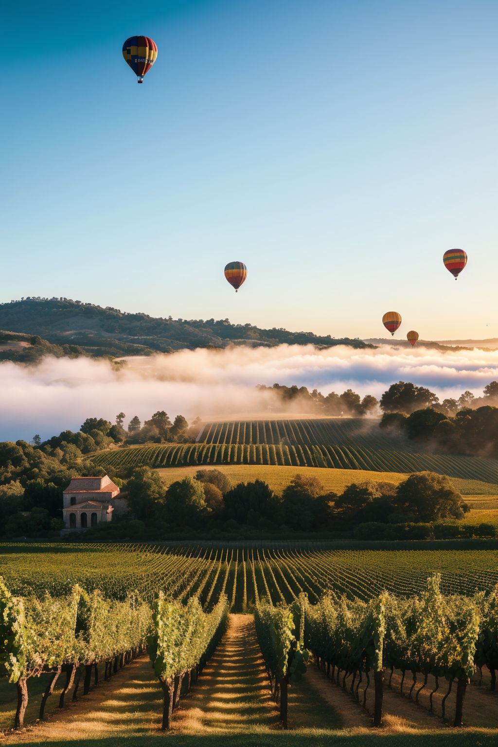 Hot-air balloon drifting above misty vineyard hills at sunrise