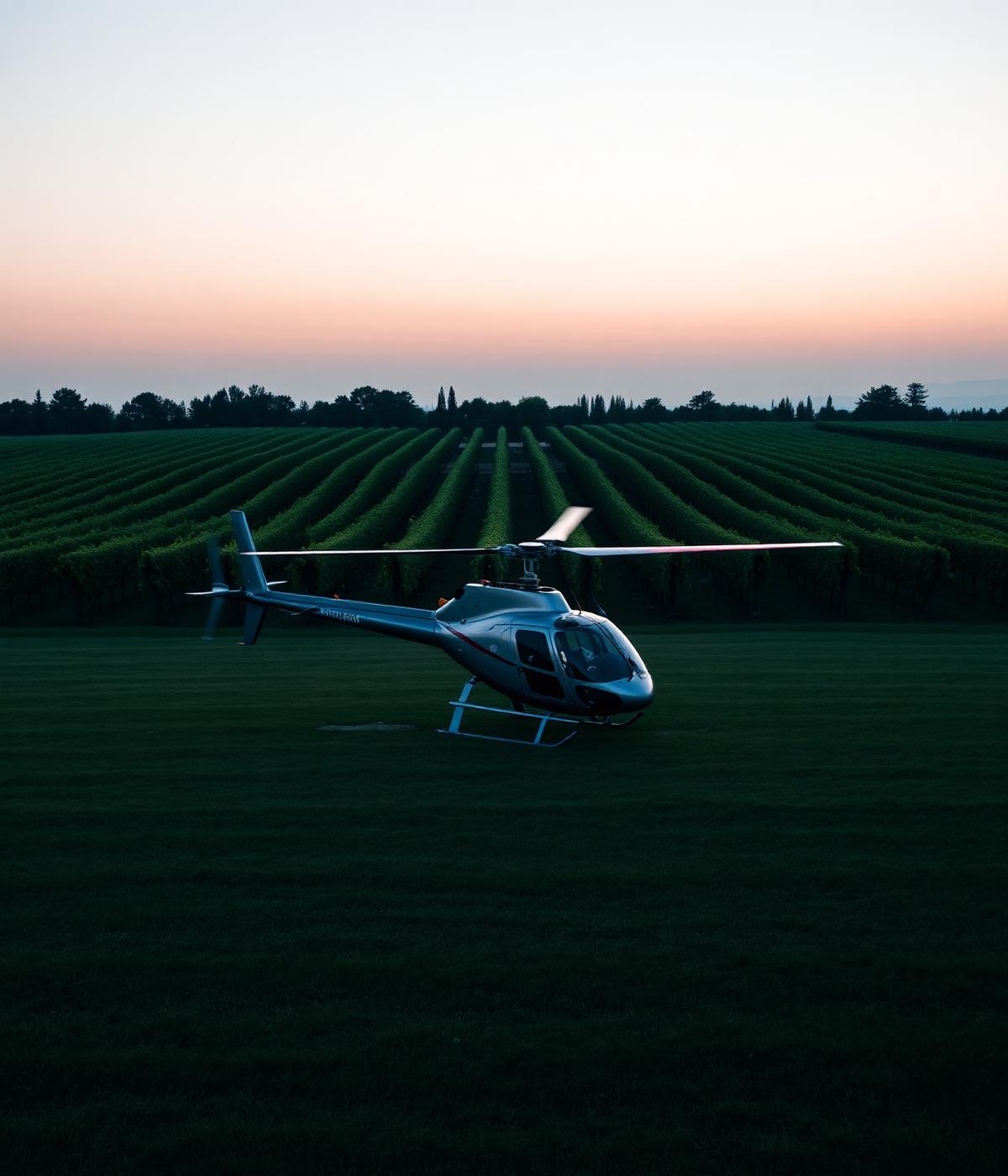 Private helicopter resting beside vineyard rows at dusk